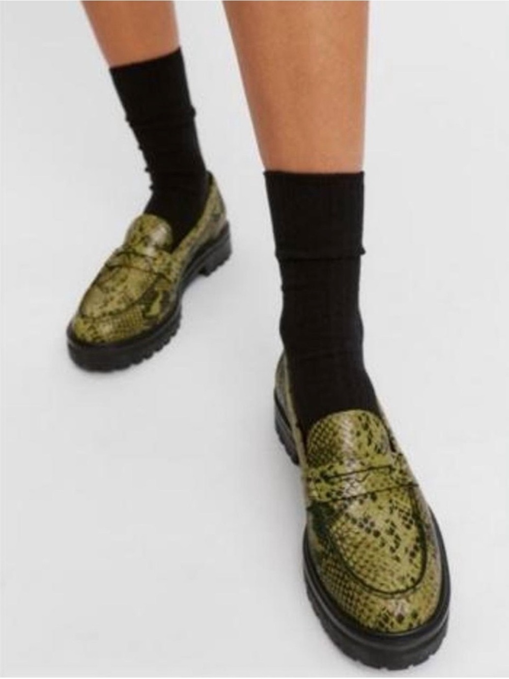 Reformation Agatha Chunky Loafers | Green Snakeskin | Size 9.5